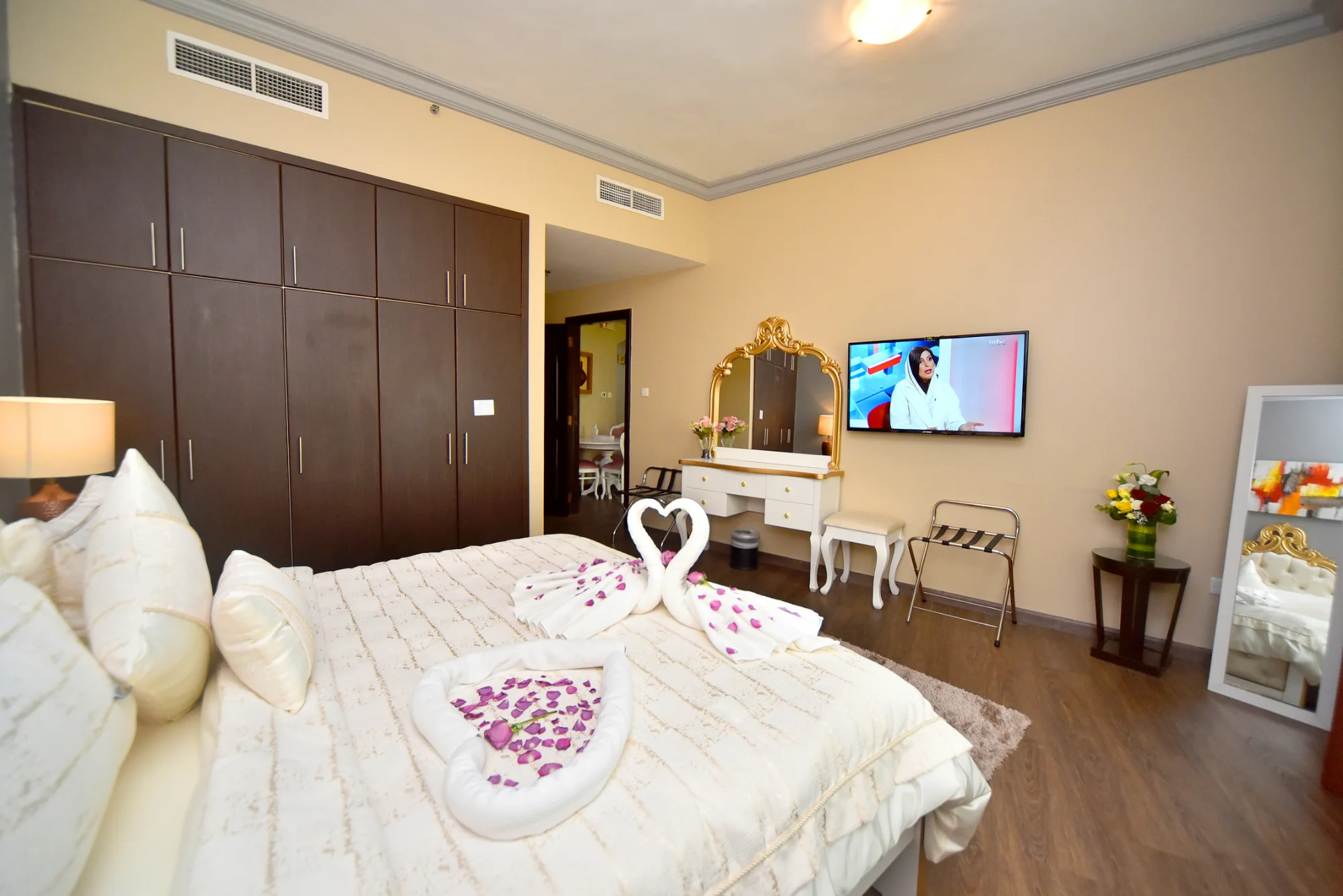 Furnished hotel apartment living area